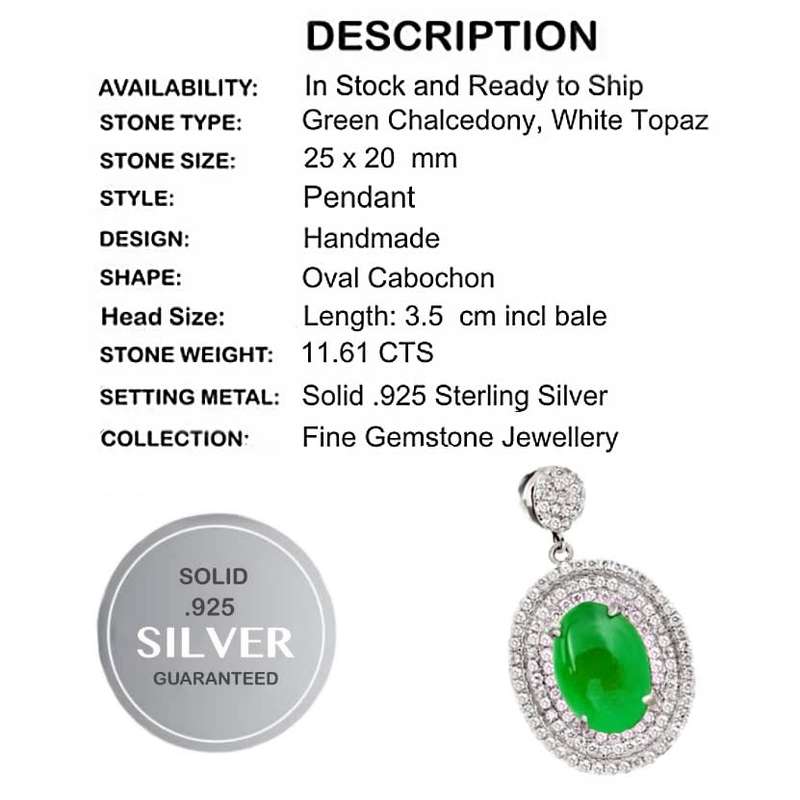 De1uxe 1.61 cts Natural Green Chalcedony, White Topaz set in Solid .925 Sterling Silver Pendant