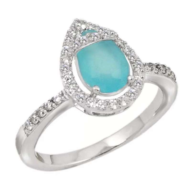 Natural Aqua Chalcedony, White Topaz Gemstones set in  Solid .925 Sterling Silver Ring Size 7.5 or P