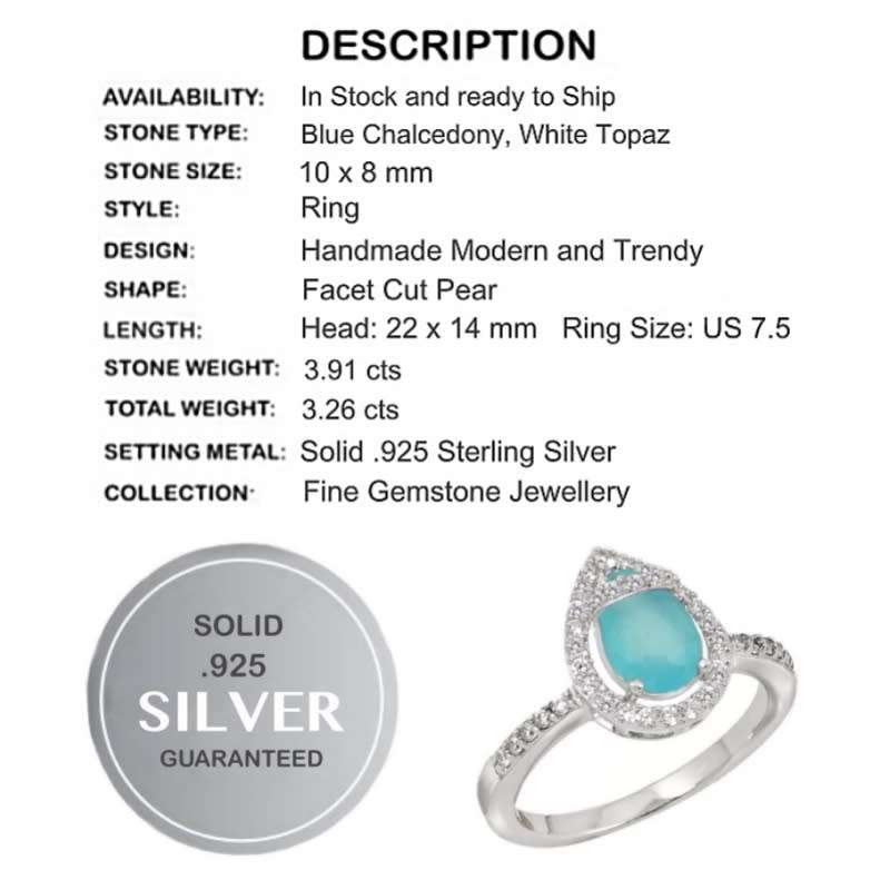 Natural Aqua Chalcedony, White Topaz Gemstones set in  Solid .925 Sterling Silver Ring Size 7.5 or P