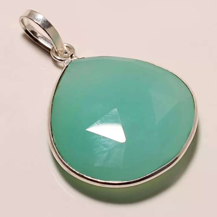 Green Chalcedony Pear Shape Gemstone set in .925 Sterling Silver Plated Handmade Pendant