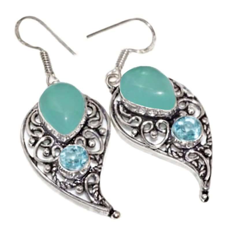 Handmade Aqua Chalcedony Marquise Shape Gems .925 Sterling Silver Plated Dainty Necklace