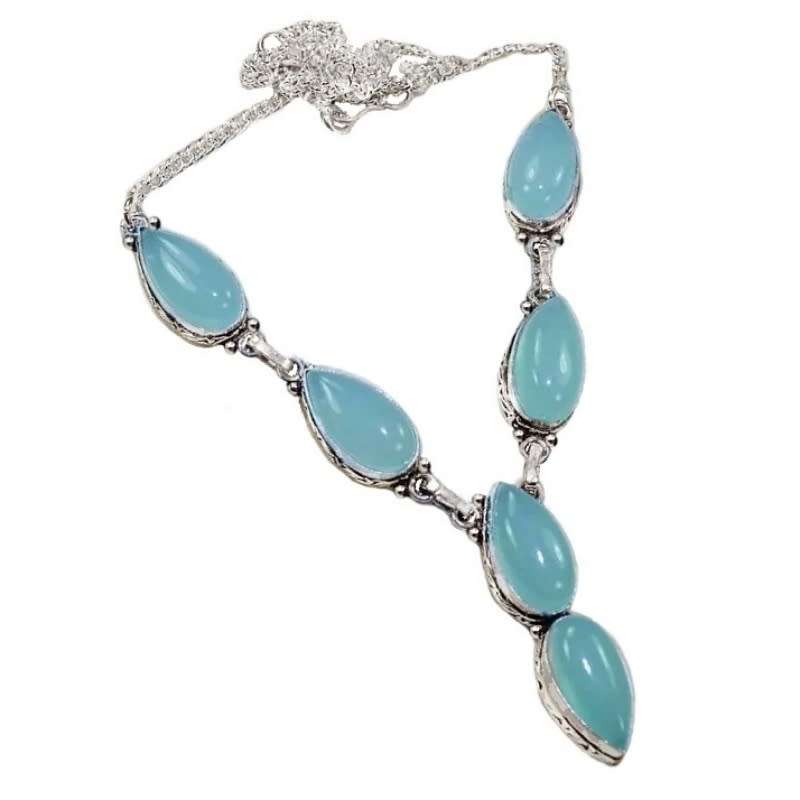 Handmade Aqua Chalcedony Marquise Shape Gems .925 Sterling Silver Plated Dainty Necklace