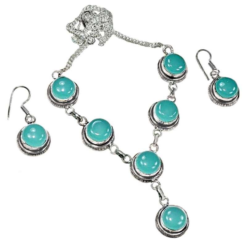 Aqua Green Chalcedony set in .925 Sterling Silver Plated Handmade Necklace and Earrings Set