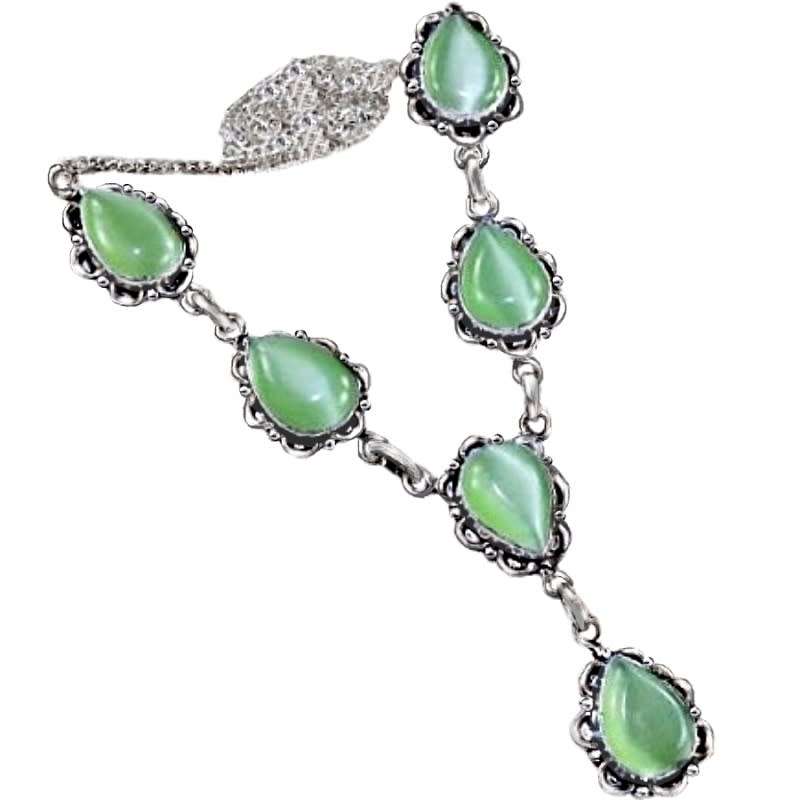 Handmade Pastel Green Cats Eye .925 Sterling Silver Necklace