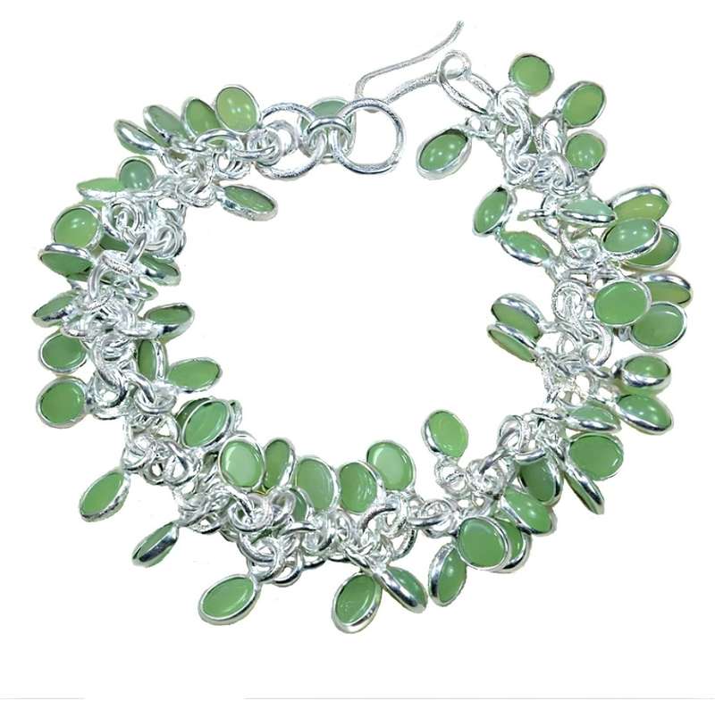 Green Chalcedony Oval Gemstones set in .925 Sterling Silver Plated Handmade Cluster Bracelet