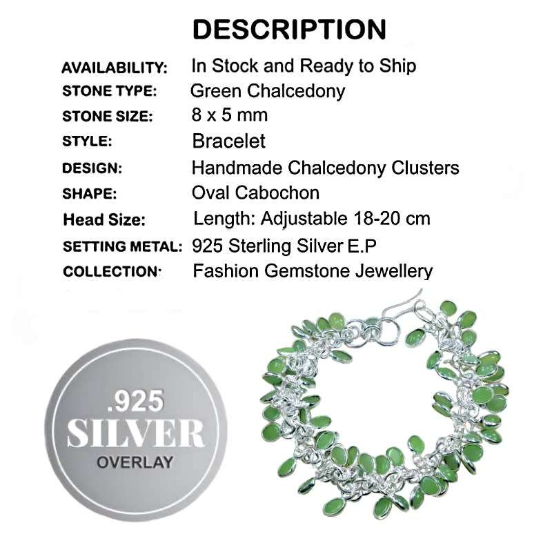 Green Chalcedony Oval Gemstones set in .925 Sterling Silver Plated Handmade Cluster Bracelet