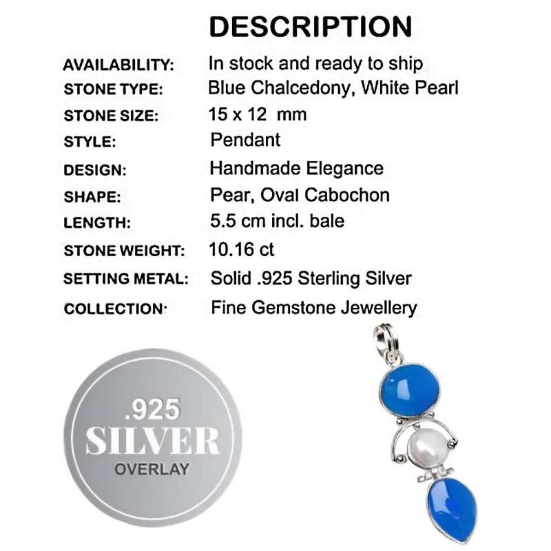10.16 cts Elegant Natural Blue Chalcedony, White Pearl set in Solid .925 Sterling Silver Pendant