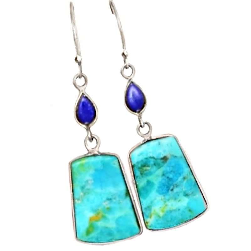 Natural Sleeping Beauty Turquoise, Lapis Lazuli  Gemstone .925 Sterling Silver Earrings