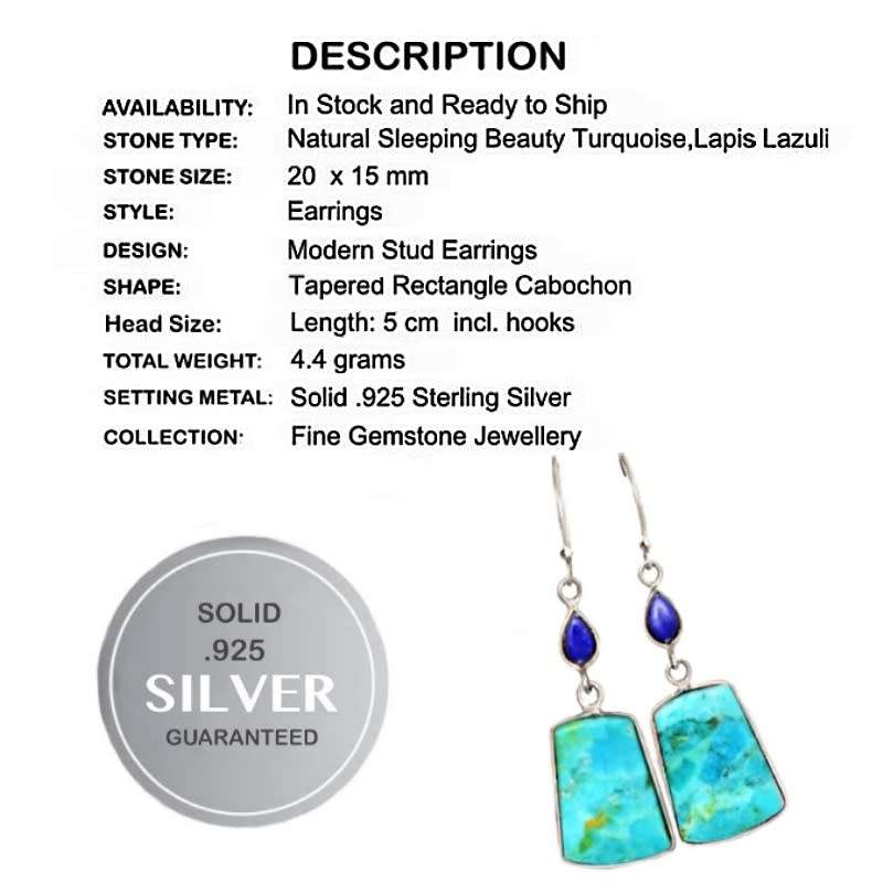 Natural Sleeping Beauty Turquoise, Lapis Lazuli  Gemstone .925 Sterling Silver Earrings