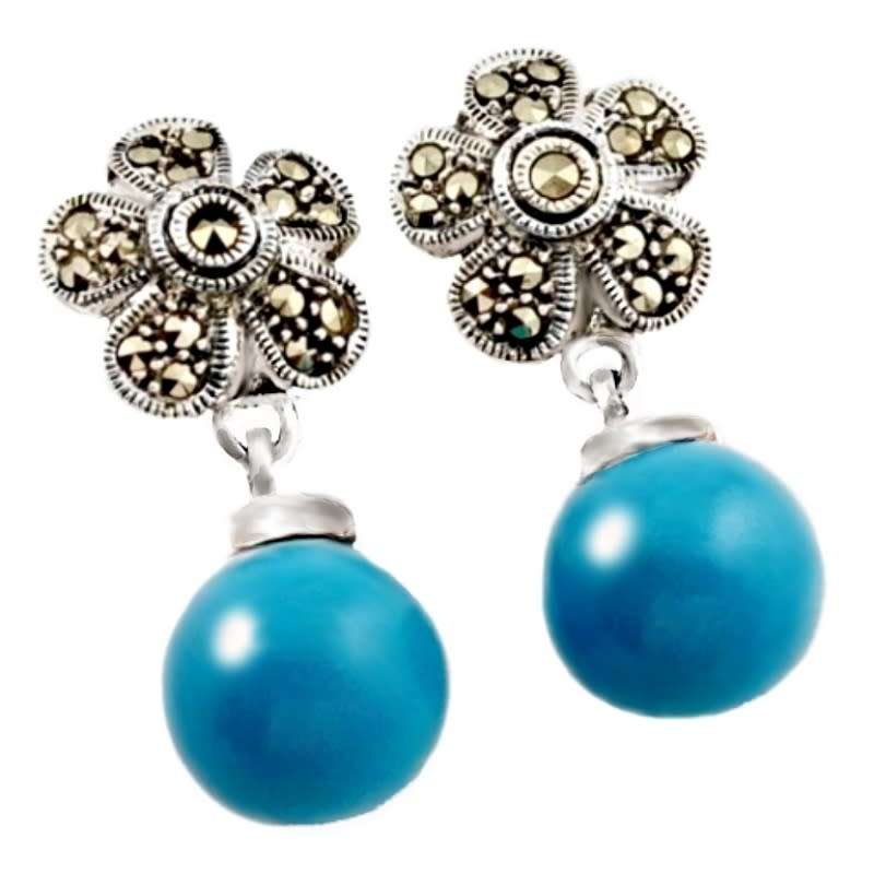 Natural Sleeping Beauty Turquoise and Marcasite Gemstone .925 Sterling Silver Stud Earrings