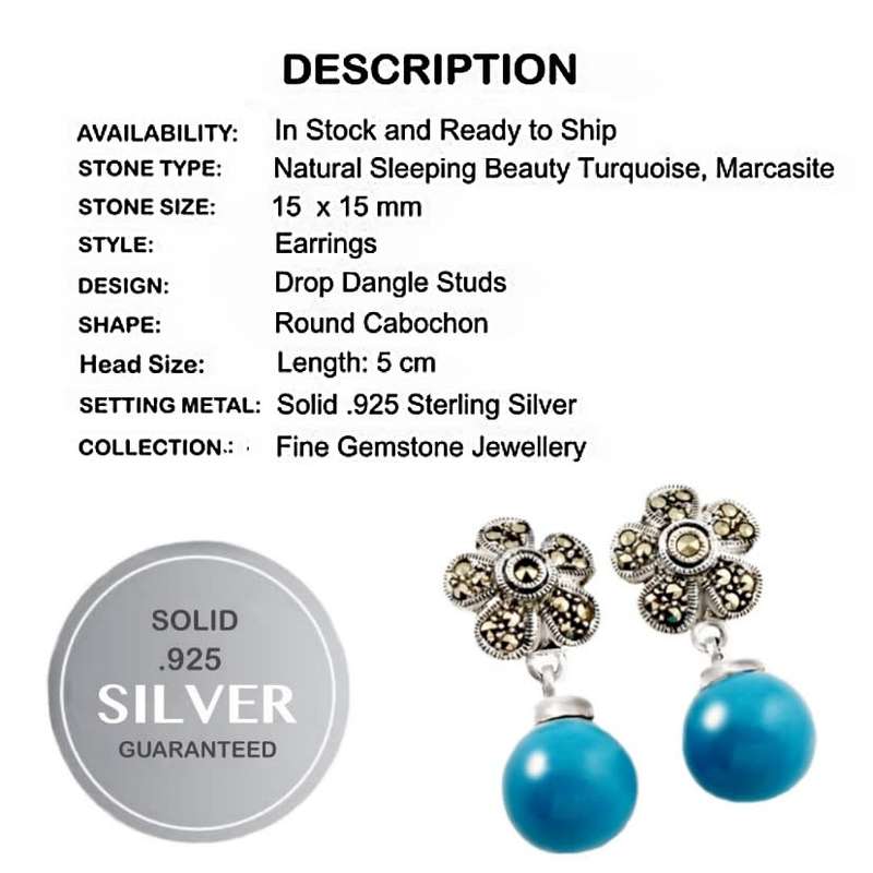 Natural Sleeping Beauty Turquoise and Marcasite Gemstone .925 Sterling Silver Stud Earrings
