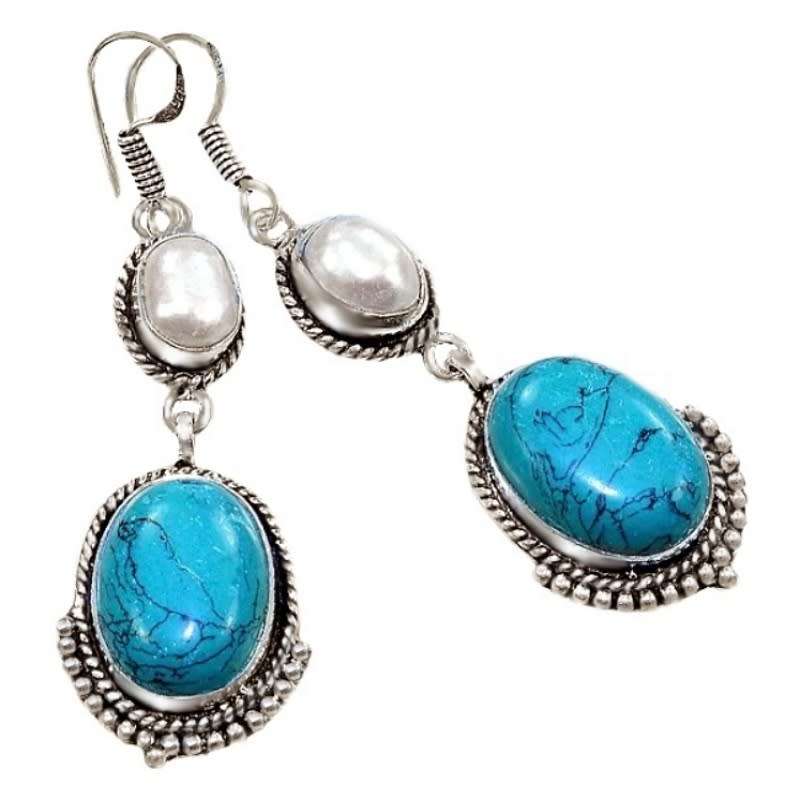 Spiderweb Matrix Turquoise and Pearl Gemstone in .925 Sterling Silver Plated Handmade Earrings