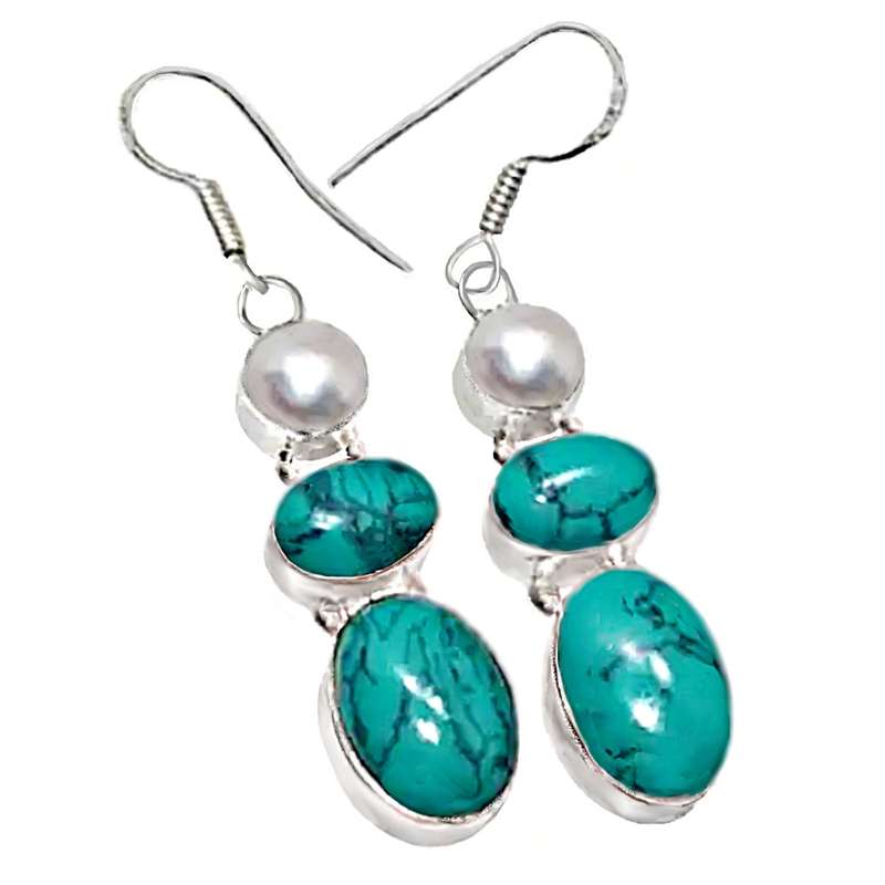 Spiderweb Matrix Turquoise and White River Pearl in Gemstone. 925  Sterling Silver Plated Earrings
