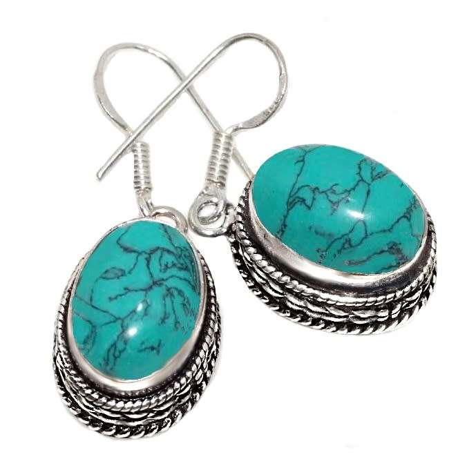 Spider Web Matrix Turquoise Gemstone in Antique Style .925 Sterling Silver Plated H/made Earrings