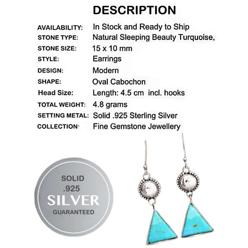 Natural Sleeping Beauty Turquoise Gemstone set in Solid .925 Sterling Silver Earrings