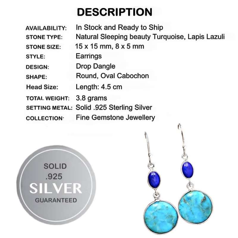 Natural Turquoise, Lapis Lazuli  Gemstone .925 Sterling Silver Earrings