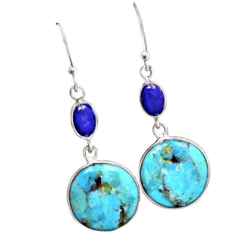 Natural Turquoise, Lapis Lazuli  Gemstone set in Solid .925 Sterling Silver Handmade Earrings