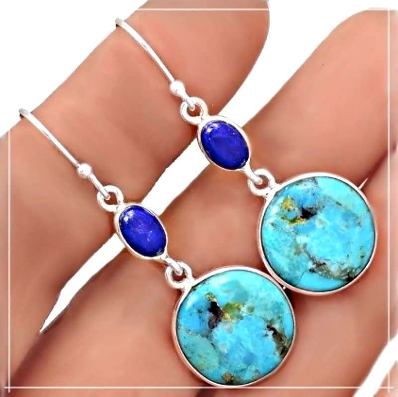 Natural Turquoise, Lapis Lazuli  Gemstone set in Solid .925 Sterling Silver Handmade Earrings