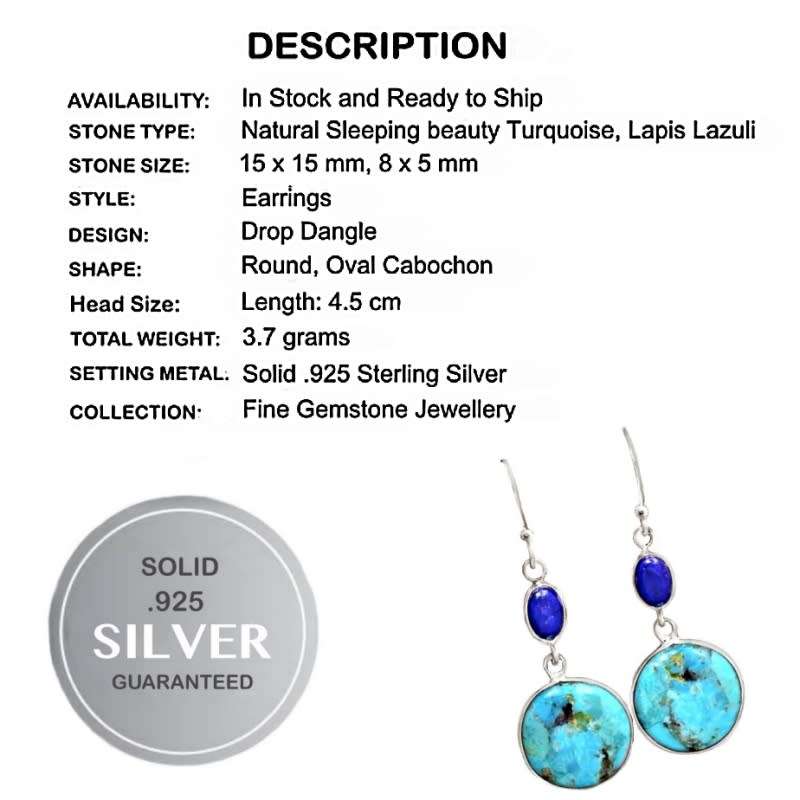 Natural Turquoise, Lapis Lazuli  Gemstone set in Solid .925 Sterling Silver Handmade Earrings