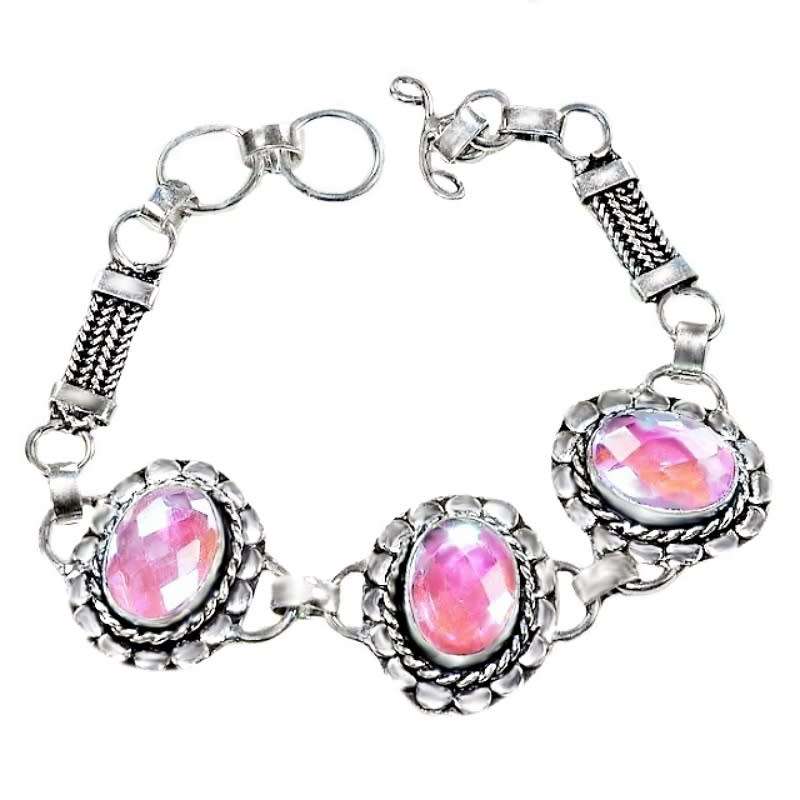 Aqua Pink Rainbow Mystic Topaz .925 Sterling Silver Plated Handmade Bracelet