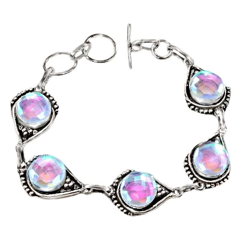 Aqua Pink Rainbow Mystic Topaz set in  .925 Sterling Silver Plated Handmade Bracelet