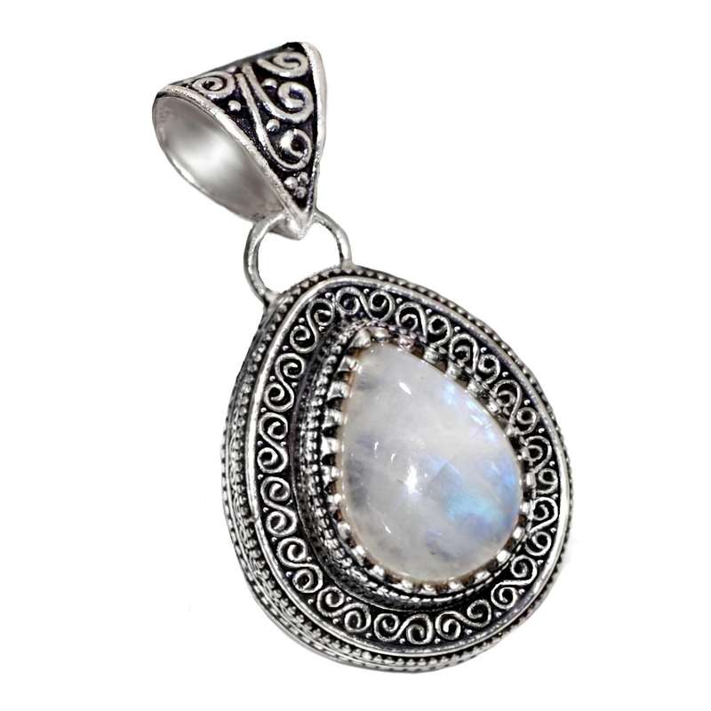 Antique Style Natural Rainbow Moonstone Pear .925 Sterling Silver Plated Handmade Pendant