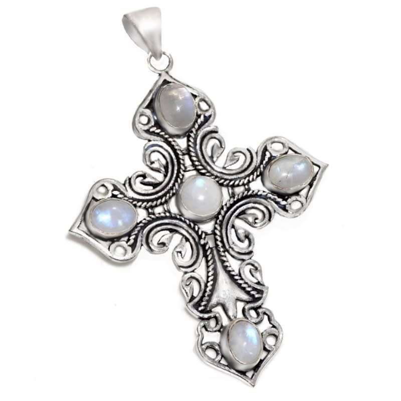 Handmade Antique Style Natural Rainbow Moonstone set in .925 Sterling Silver Plated Cross Pendant