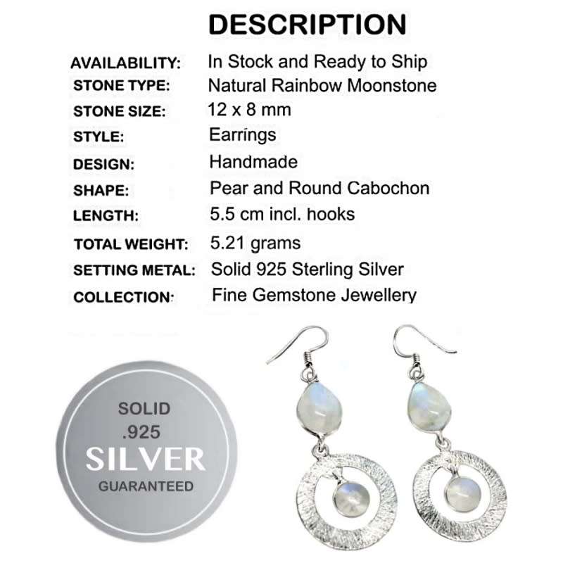 6.77 Ct Natural Rainbow Moonstone Mixed Shape Gemstones set in Solid .925 Sterling Silver Earrings