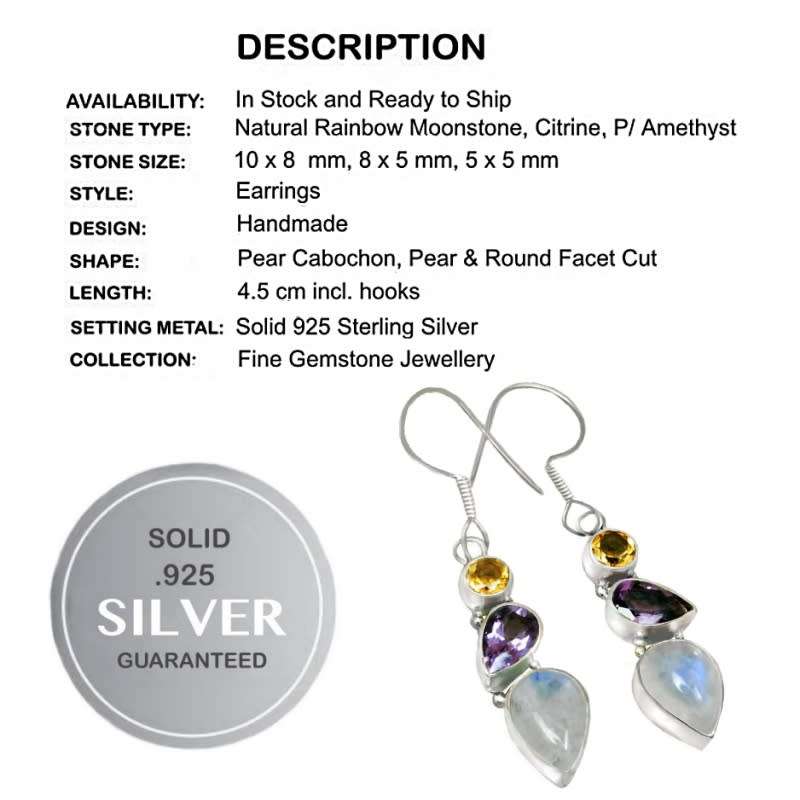 Natural Rainbow Moonstone Purple Amethyst Citrine Solid .925 Sterling Silver Earrings