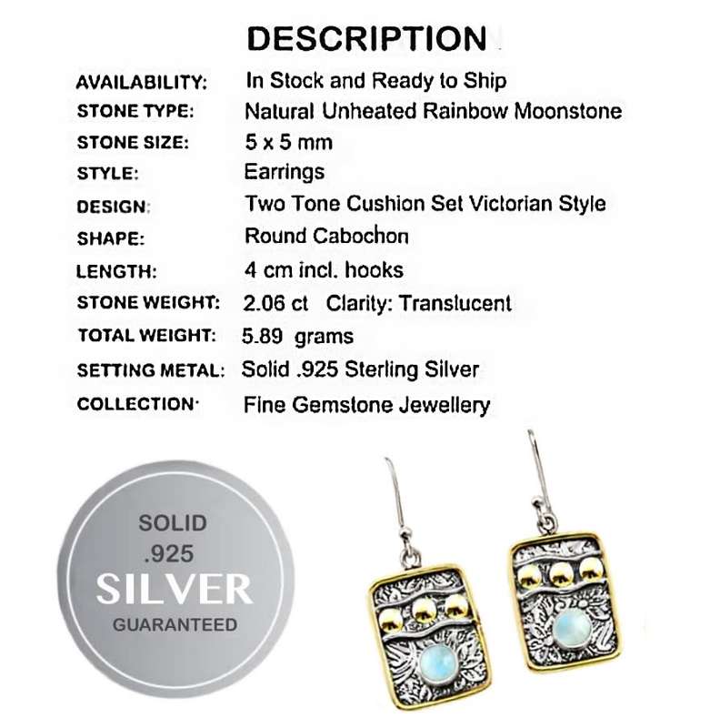 Two Tone Natural Rainbow Moonstone Round Gemstone set in Solid .925 Sterling Silver Earrings