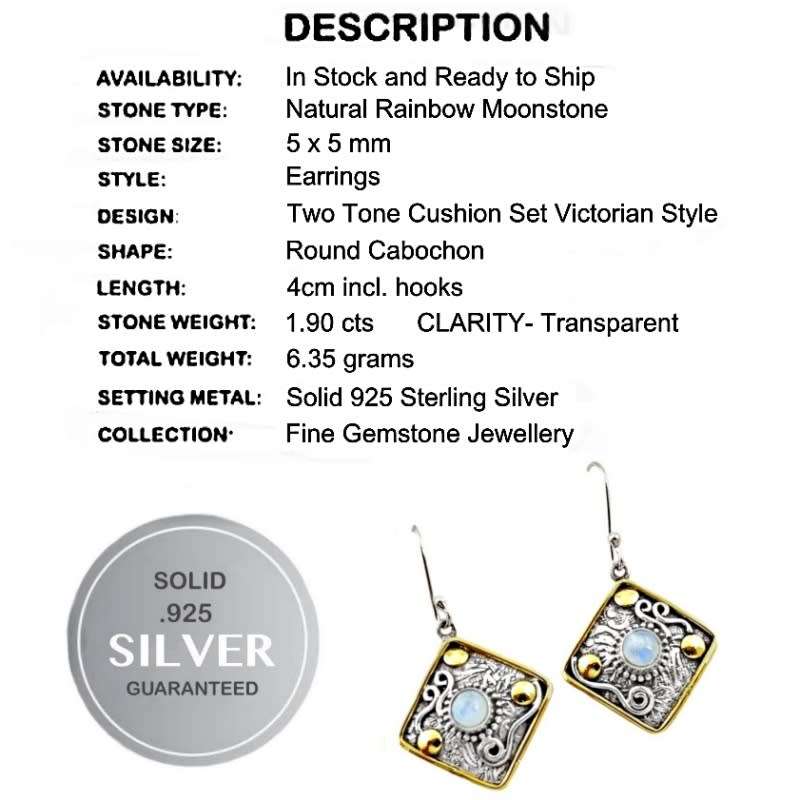 Two Tone Natural Rainbow Moonstone Round Gemstone set in Solid .925 Sterling Silver Earrings