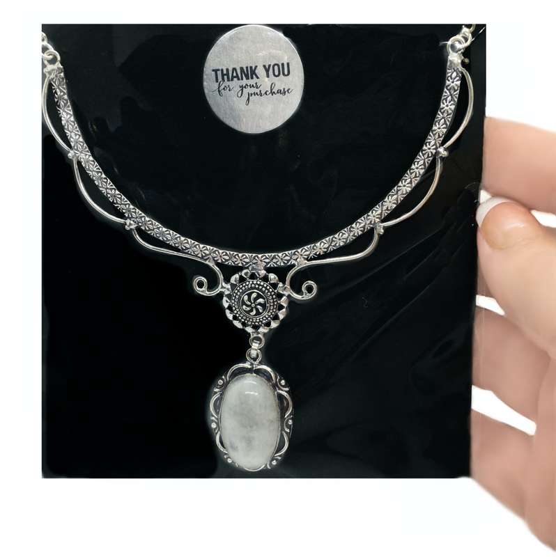 Natural Rainbow Oval Moonstone set in .925 Sterling Silver Plated Victorian Style Handmade Necklace