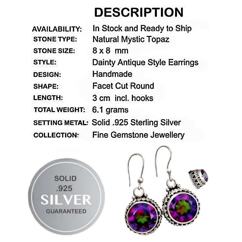 Natural Rainbow Mystic Topaz set in Solid 925 Sterling Silver Dainty Earrings