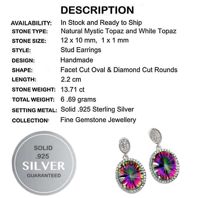 13.71 Cts Rainbow Mystic Topaz and White Topaz set in Solid .925 Sterling Silver Stud Earrings