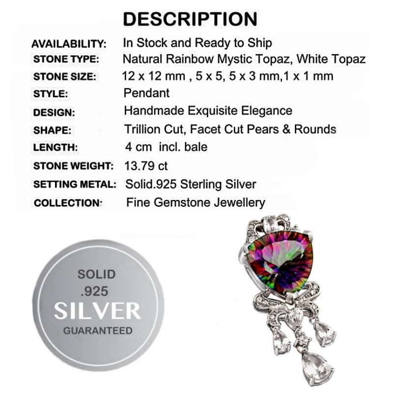 13.79 cts Victorian Natural Mystic Rainbow Topaz, White Topaz in Solid 925 Sterling Silver Pendant