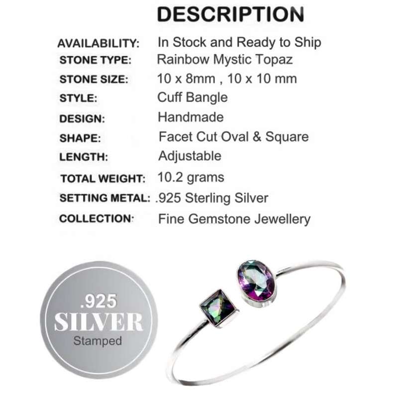 Modern Mystic Rainbow Topaz Gemstone In 925 Sterling Silver Cuff Bangle