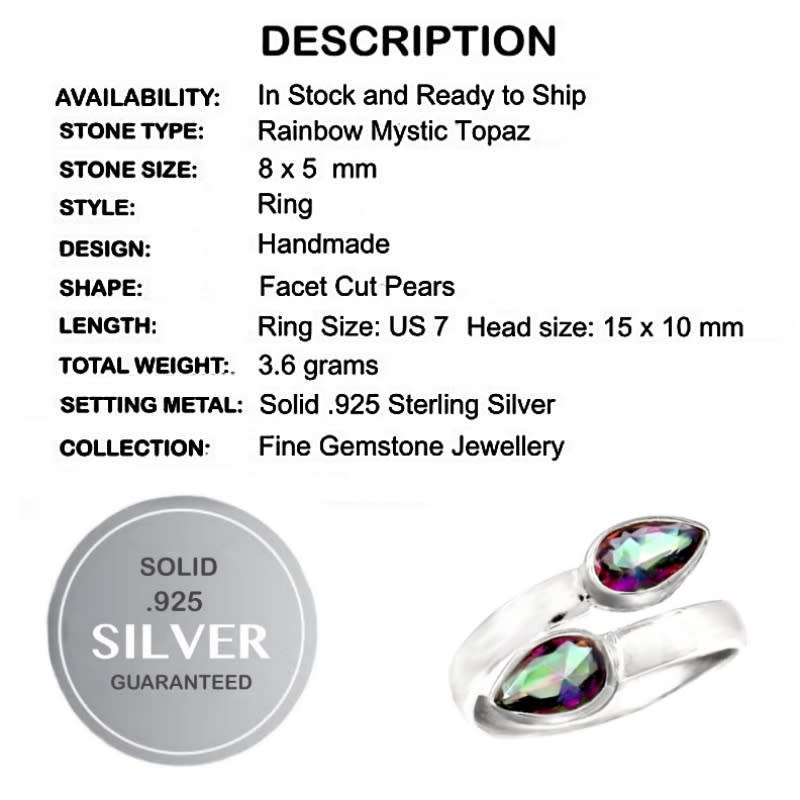 Natural Rainbow Mystic Topaz set in Solid .925 Sterling Silver Ring Size 7 or O