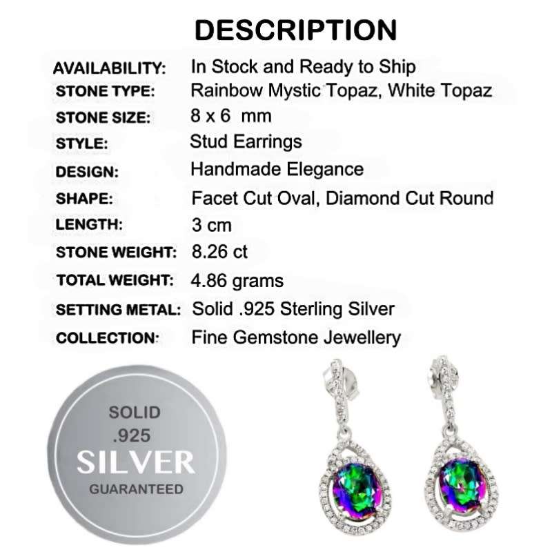 8.26 cts Rainbow Mystic Topaz, White Topaz Set In Solid .925 Sterling Silver Stud Earrings