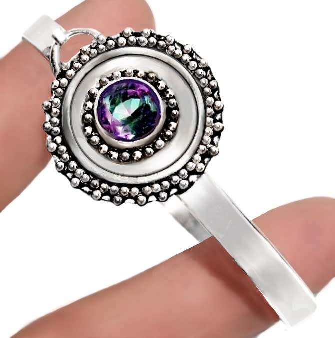 Round Mystic Rainbow Topaz set in .925 Sterling Silver Plated Handmade Antique Style Bangle