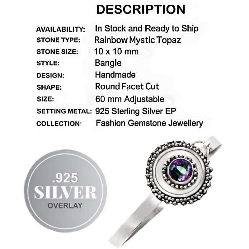 Round Mystic Rainbow Topaz set in .925 Sterling Silver Plated Handmade Antique Style Bangle