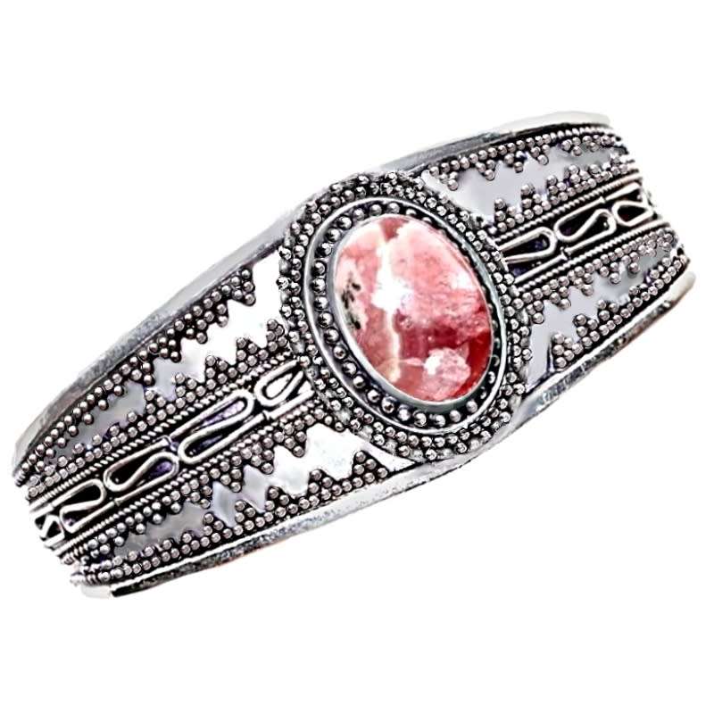 Handmade Natural Rhodochrosite Gemstone .925 Sterling Silver stamped Plated Cuff Bangle
