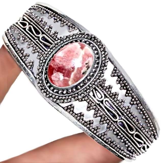 Handmade Natural Rhodochrosite Gemstone .925 Sterling Silver stamped Plated Cuff Bangle