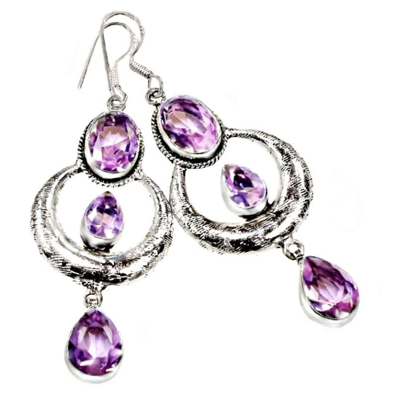 Pink Topaz Facet Cut Mixed Shapes set in .925 Sterling Silver Plated Handmade Long Earrings