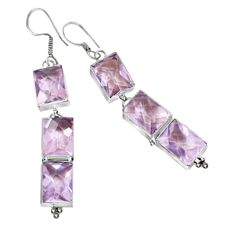 Pink Topaz Facet Cut Rectangles set in .925 Sterling Silver Plated Handmade Earrings