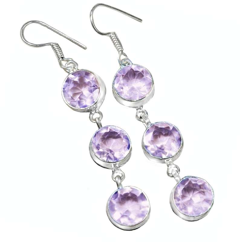 Pink Topaz Facet Cut Rounds set in .925 Sterling Silver Plated Handmade Drop Dangle Earrings