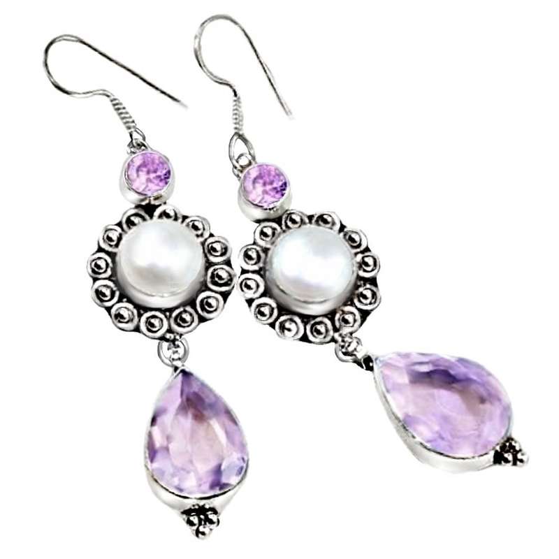 Handmade Antique Style White River Pearl, Pink Topaz Gemstone .925 Sterling Silver Plated Earrings