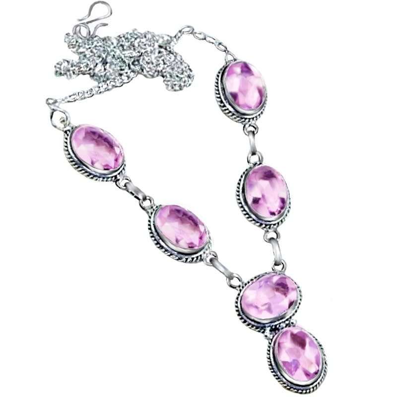 Pink Topaz Facet Cut Ovals set in 925 Sterling Silver Plated Handmade Necklace