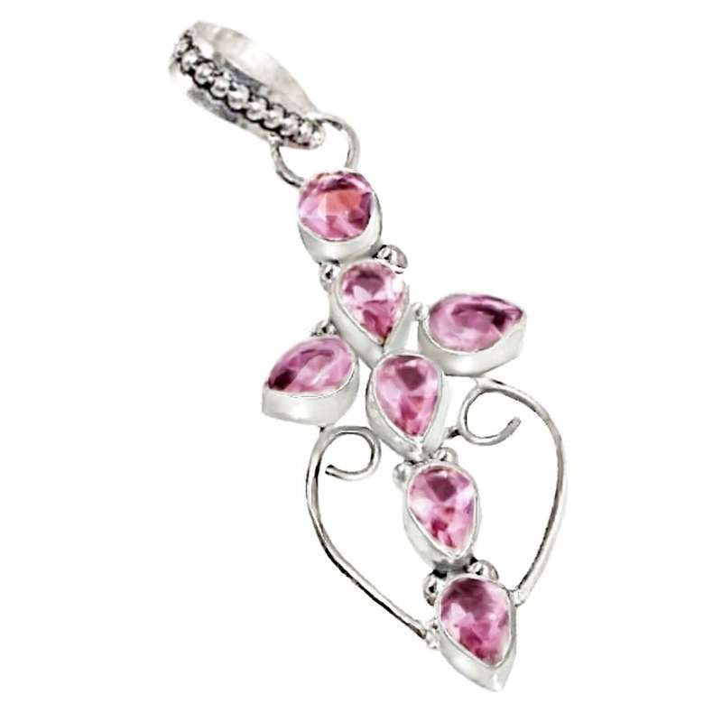 Pink Topaz Round and Pear Shapes in 925 Sterling Silver Plated Cross Pendant