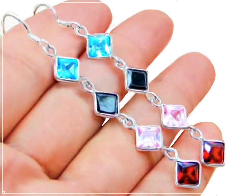 Handmade Multi-Gem set in Solid. 925 Sterling Silver Dainty Long Earrings