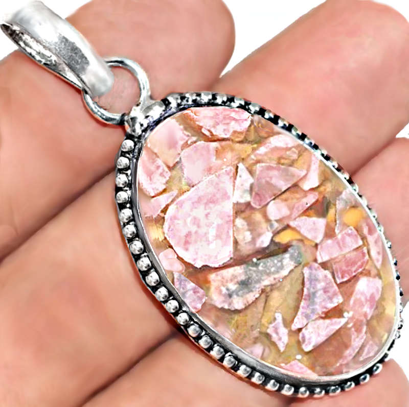 Natural Copper Rhodochrosite Oval Composite Gemstone .925 Sterling Silver Plated Pendant